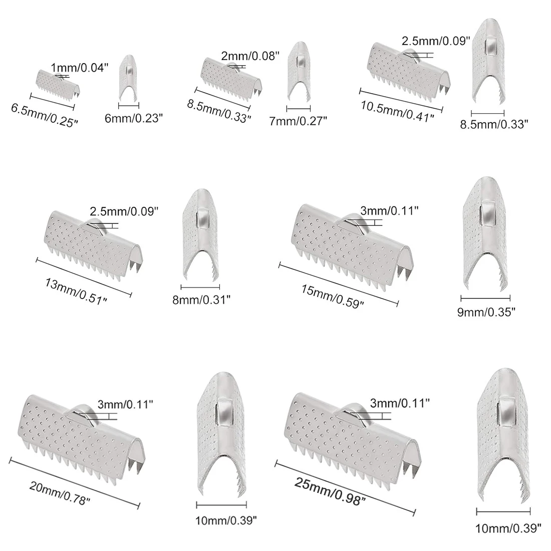 20Pcs Stainless Steel Rectangle Ribbon Ends Fastener Clasp Crimp Clips with Loop Cord Caps Leather Foldover for Jewelry Making