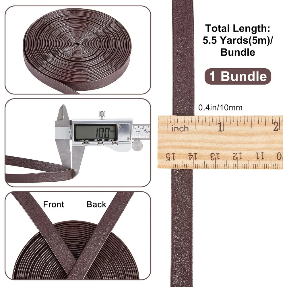 5m Leather Trimming Tape 10mm Wide Foldover Leather Strips Lychee Grained Imitation Leatherette Strap Flat Leather Cord String