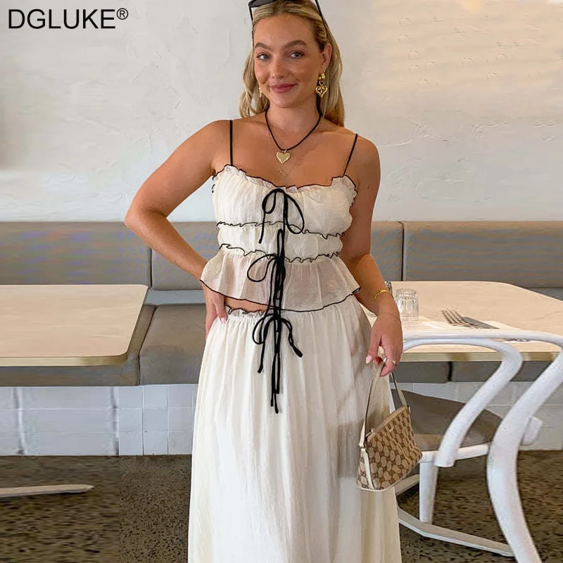 Summer Long Skirt Sets For Women 2 Pieces Holiday Outfits Lace Up Pleated Cami Top And Maxi Skirt Beach Vacation Outfits 2024