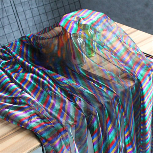 Laser Striped Mesh Fabric Perspective Color Performance for Sewing Dress Diy Stage Background Decoration Fashion Design Fabrics