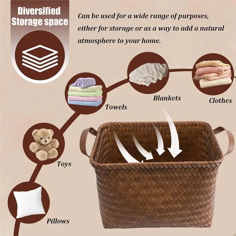 【هدية】خزانة السيارة للأرفف والبطانيات وصناديق تخزين 4 قطع من الملابس المنسوجة يدويًا سلة الغسيل سلال خوص كبيرة