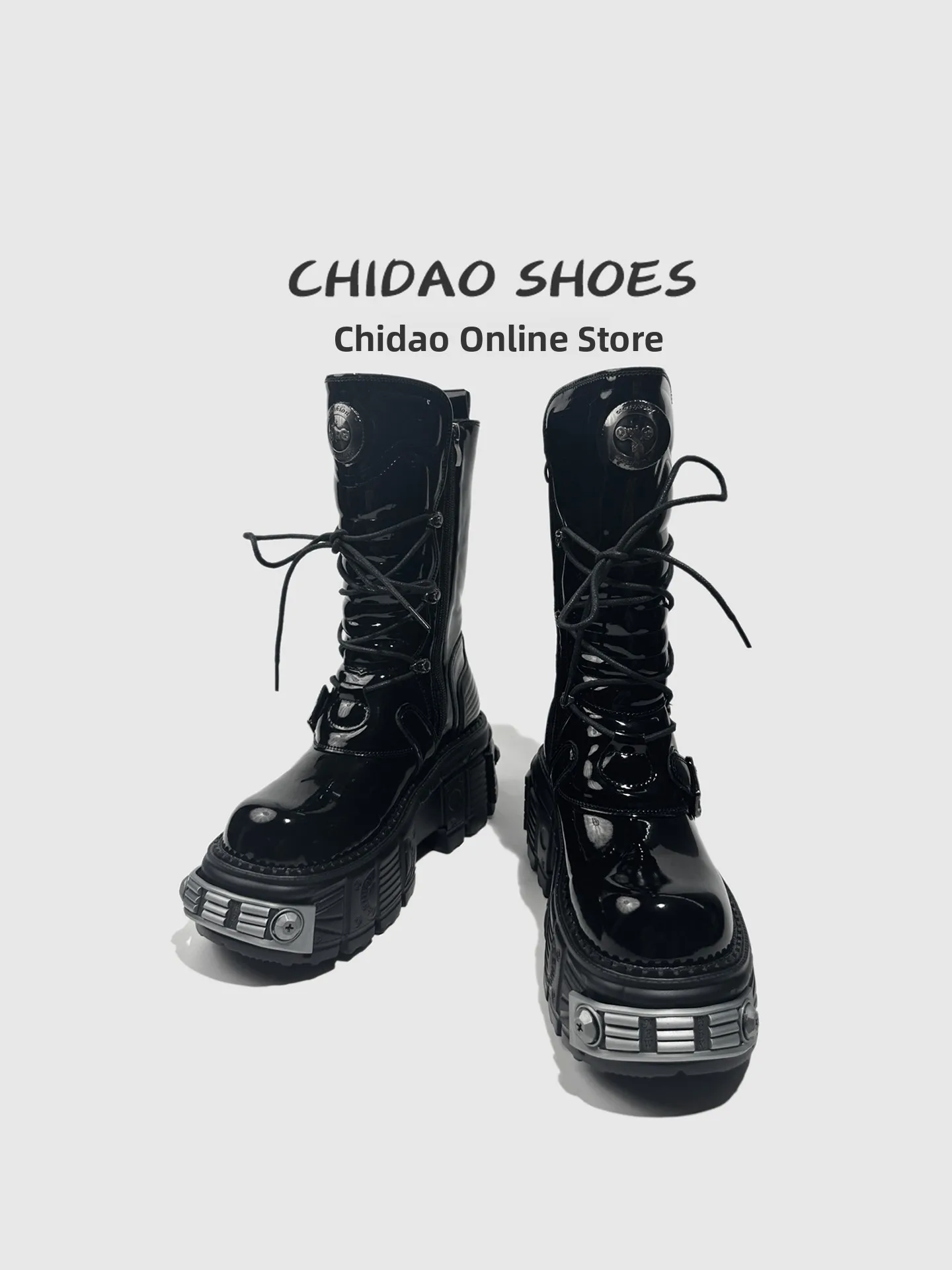 

Street Sle Metal Punk Thi Bot Motorcycle Boots ex Mid-Calf Waterproof Platform Zipper Closure round Toe Boots