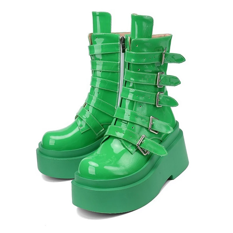 Motorcycle Boots For Women Platform Wedges Ankle Boot women\'s Shoes Brand New 2024 Buckle Strap Booties Fashion Goth Green