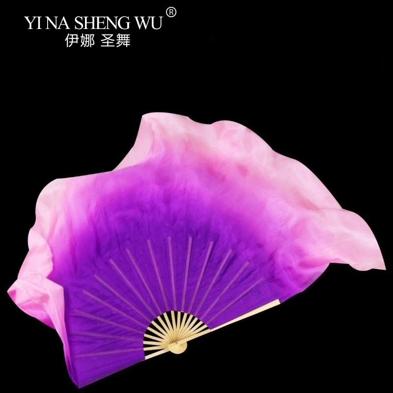 Éventails de danse du ventre Double face, violet rose dégradé de couleurs, accessoires de danse de Performance classique pour danseurs, éventail en soie véritable, 1 pièce