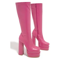 New Arrival Classic Style Wholesale Fashion Women Platform Boots Hot Pink 14cm Chunky Womens Knee High Evening Party Prom Shoes