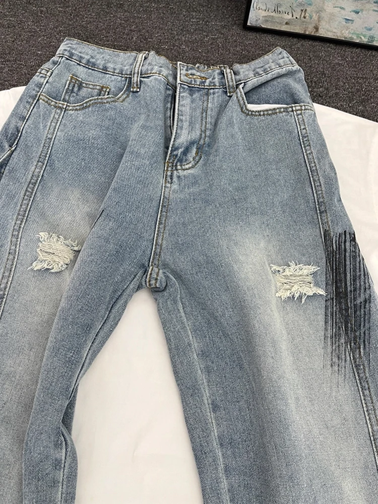 

Cleanfit Light Blue Casual Men's Jeans High Street American Sle Hole Punching Loose Fit Straight Leg Autumn Wear