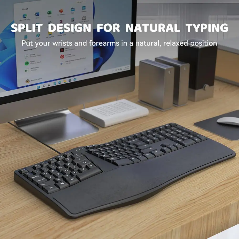 Wired Split Keyboard Natural Ergonomic Design Full-Size 110 Keys Universal Plug-Play Wrist Support Keyboard Office Supplies