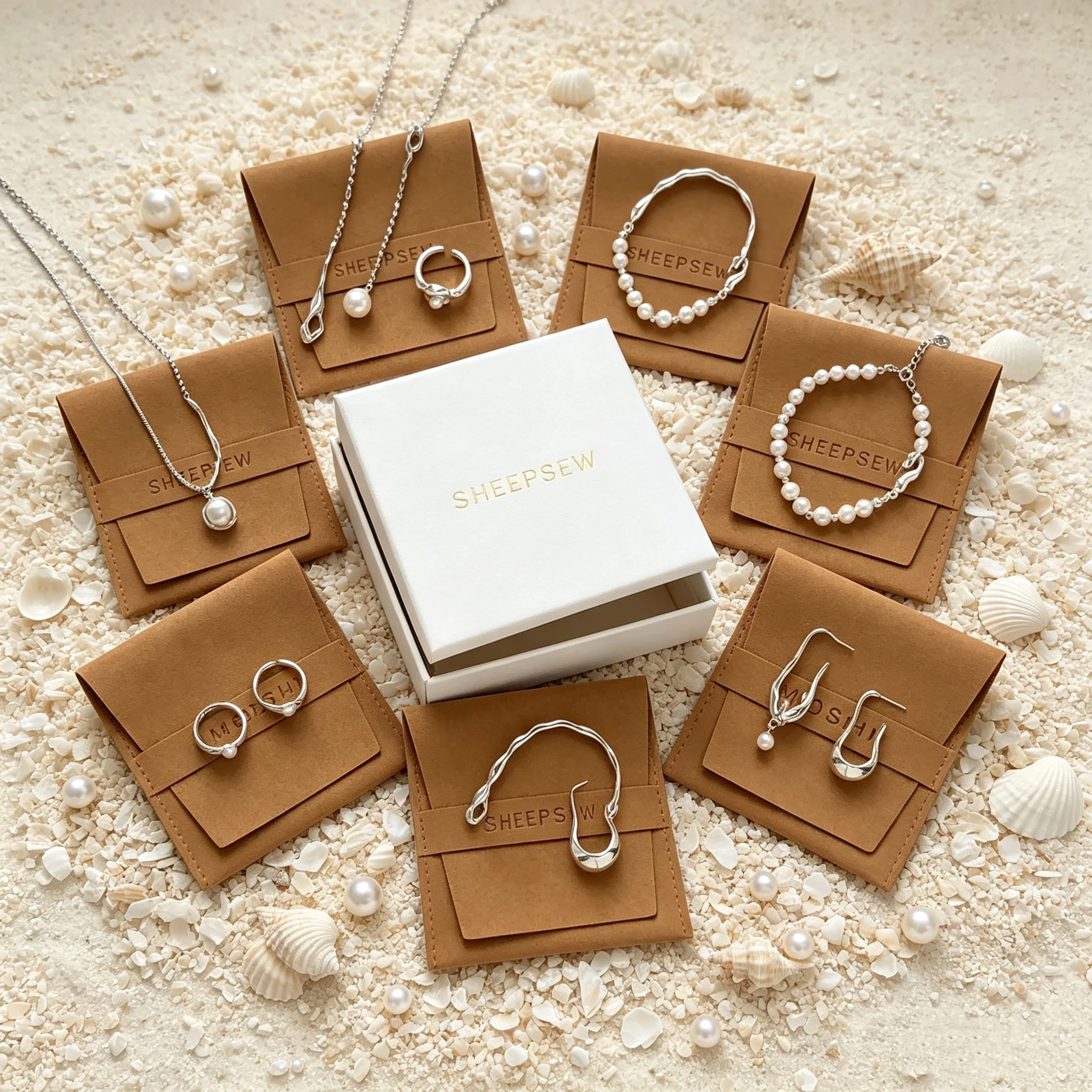SheepSew Small Custom Emboss Deboss Logo Microfiber Suede Envelope Jewelry Pouch Dustproof Packaging Bag For Earring Necklace Br