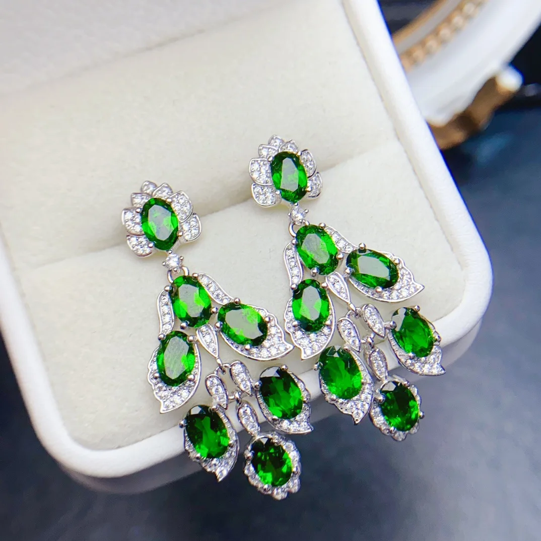 

4*6mm Natural Diopside Earrings, S925 Sterling Silver Vintage Green Gemstone, Luxury Retro Jewelry for Women Gift