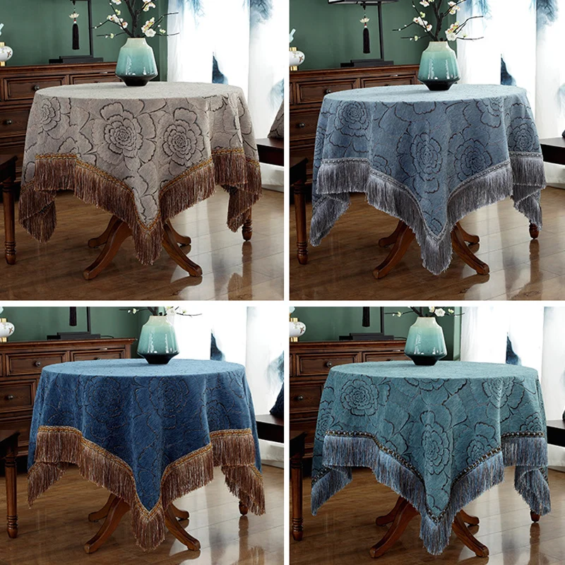 European Style Chenille Table Cloth Thicken Rectangular Tassel Jacquard Tablecloth Household Dustproof Table Cover Party Events