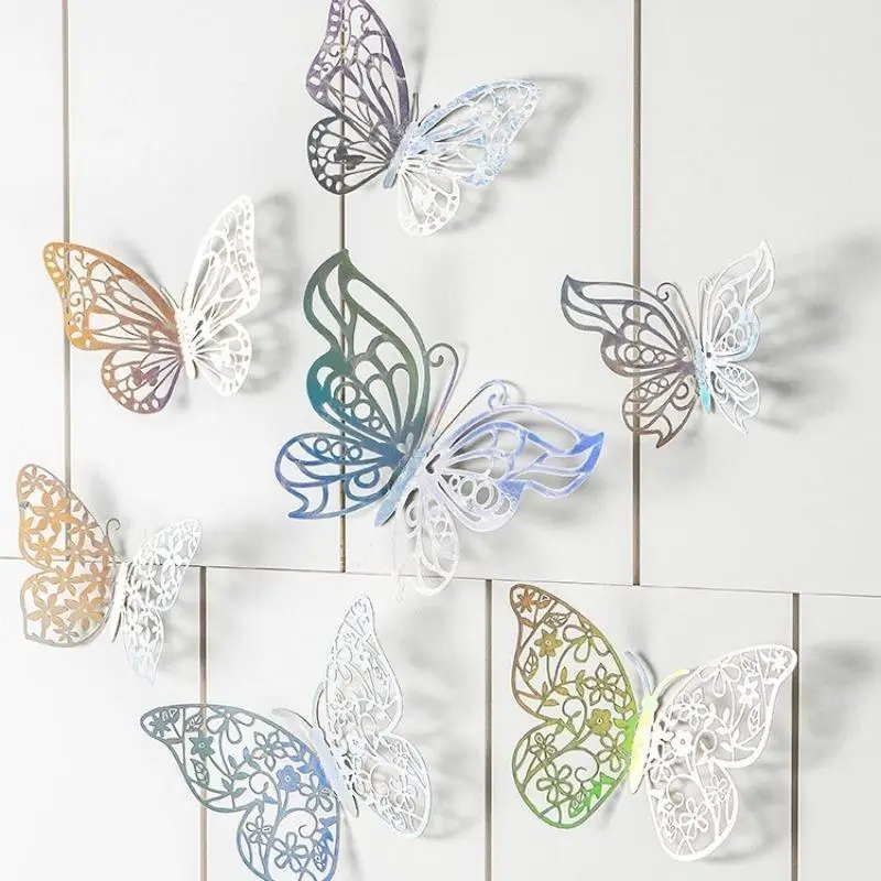12 Stück Holographische 3D-Schmetterlings-Wandaufkleber, Hohl Geschnitzte Irisierend Glänzende Sticker für Heimdekoration, Kinderzimmer, Hochzeit, Party – Detail 7