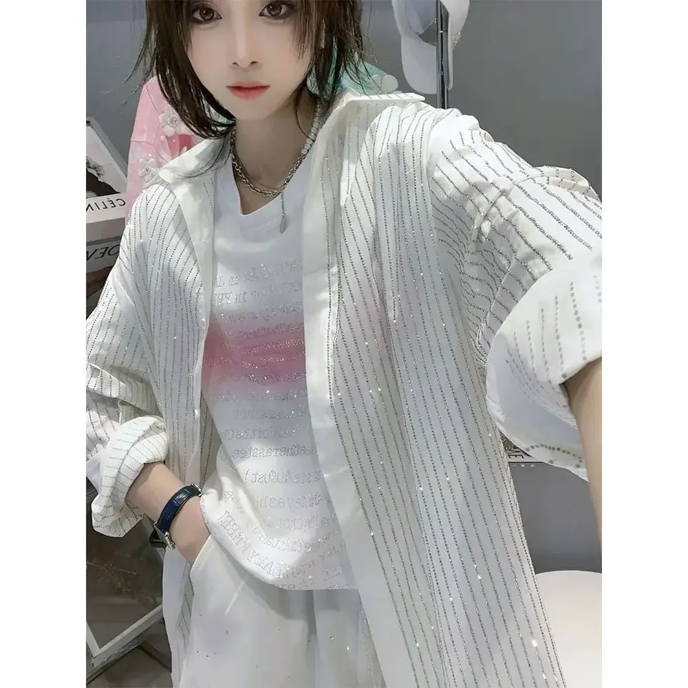 Pink Striped Diamonds Shirts Spring Loose Hot Drilling Blouses OL Sequined Cardigan Streetwear Turn Down Collar Crop Tops Blusas