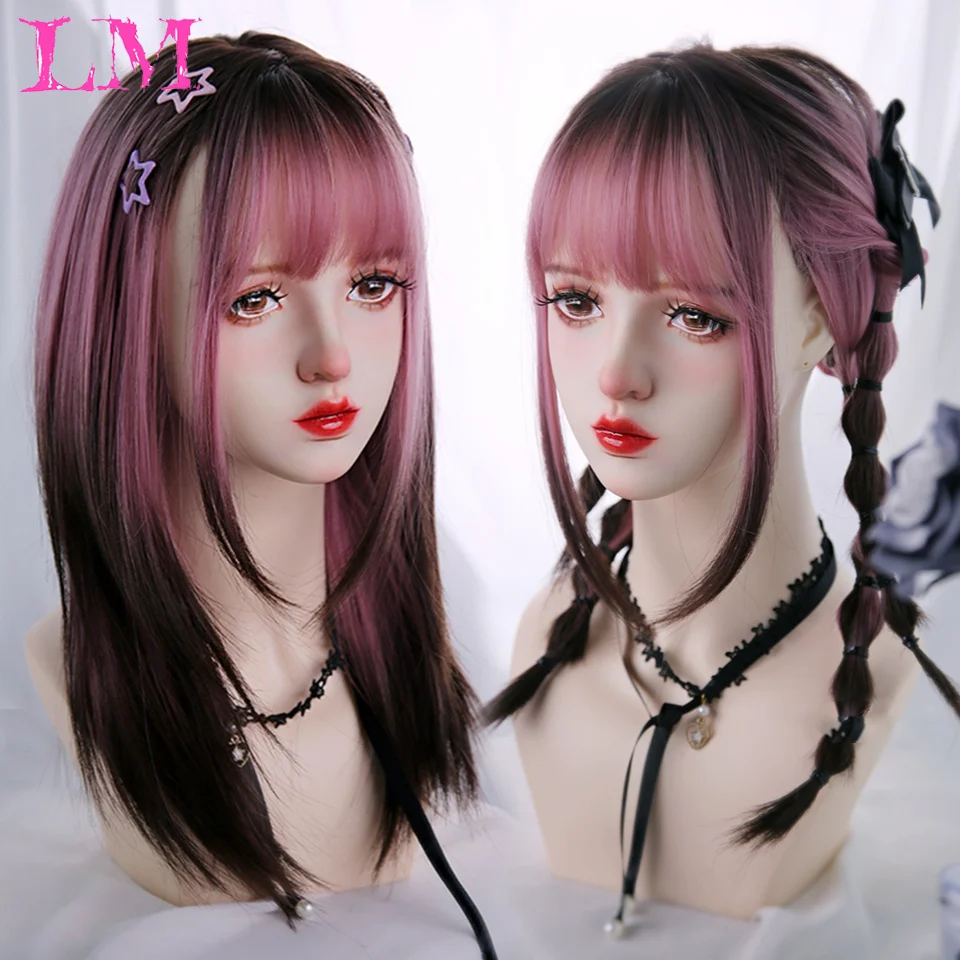 

LM Black Pink Ombre Synthetic Wigs for Cosplay Long Straight Layered Wigs with Bangs for Women Heat Resistant Fake Hair