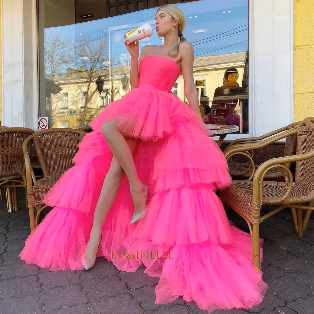 Fuchsia Tiered Tulle Party Dresses for Special Occasion Strapless High-low Women's Formal Evening Gowns Customized Prom Gowns