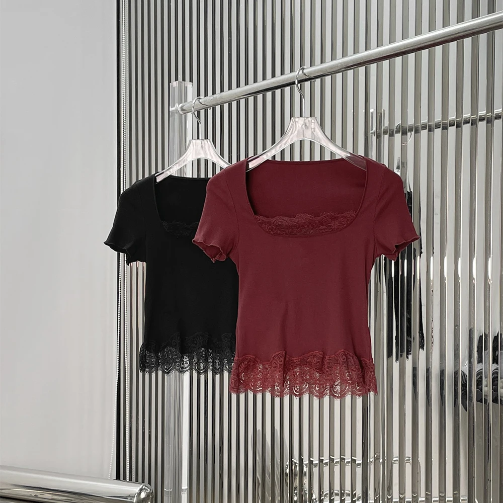 

Cotton Blend Women T Shirt Square Neck Lace Trim Short Sleeve Slim Fit Elegant Crop Tops For Ladies New Spring/Summer 2026 Y2K