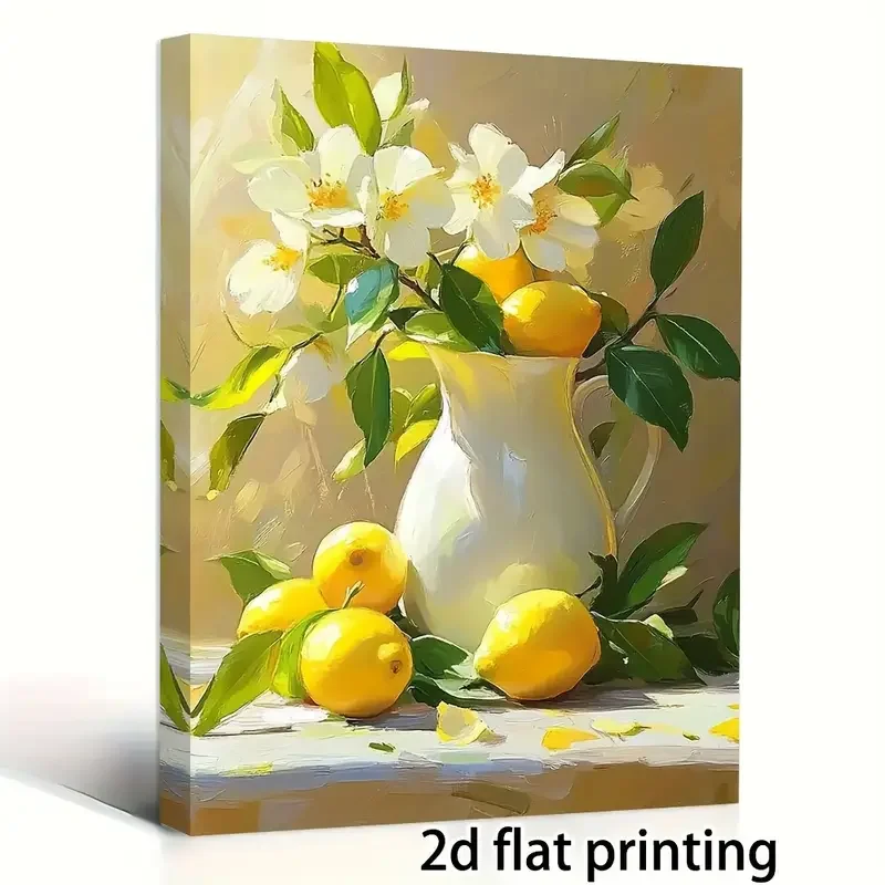 لوحة فنية جدارية من القماش على شكل زهور ليمونية وبيضاء عتيقة - مقاس 8 × 15 بوصة بدون إطار مطبوعة لغرفة المعيشة وديكور المطبخ، مثالية لديكور الغرفة