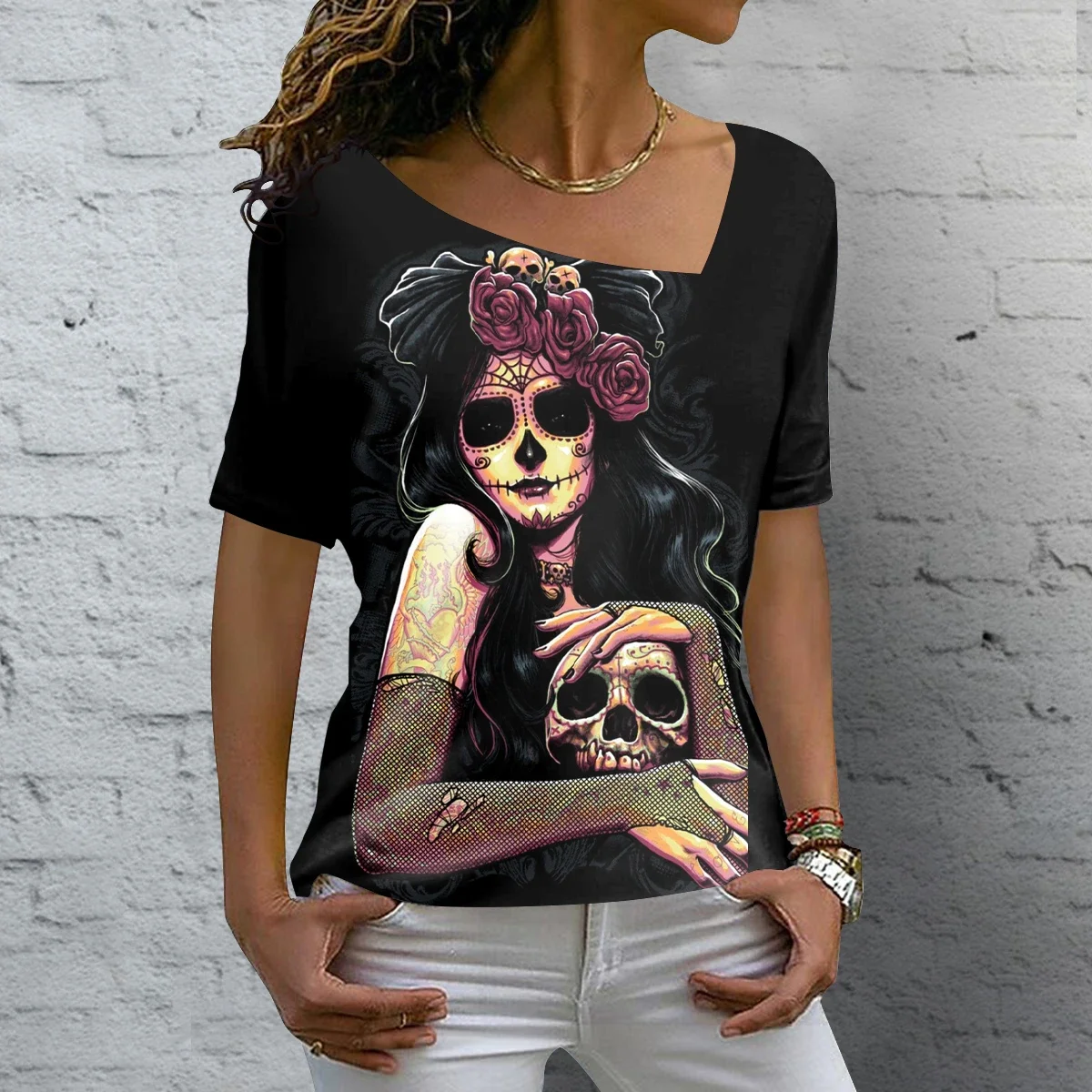 Women\'s T Shirt Vintage Skull 3D Printed V-neck Blouses Casual Short Sleeve Pullover Tops Summer Oversized Harajuku Clothes Tees