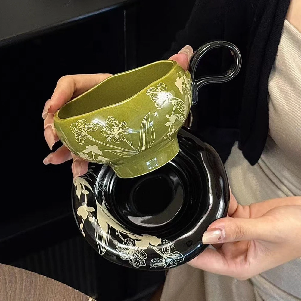 Floral Paint Ceramic Coffee Cup and Saucer Set High Aesthetic Afternoon Tea Cups Set Home Use Office Milk Mug Sets Tableware