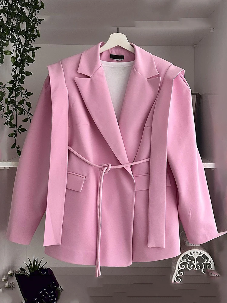 CHICEVER Office Spliced Lace Up Blazer For Women Notched Collar Long Sleeve Patchwork Pockets High Design Female Loose Coats New