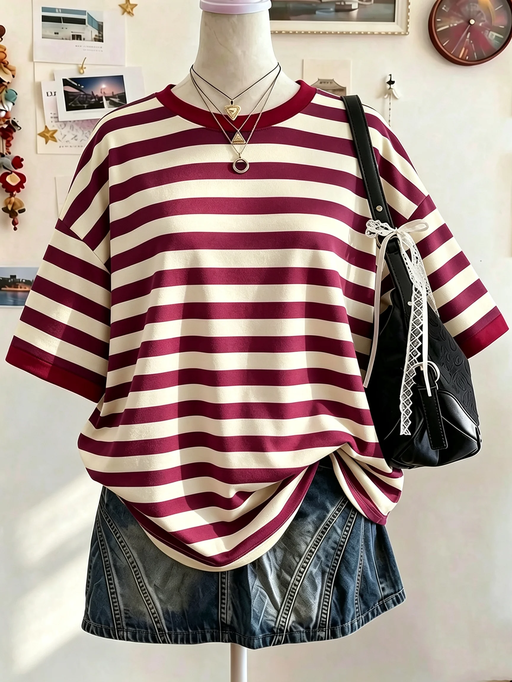 Bestseller# Women's Striped Short Sleeve Contrast Color Oversized Beige Summer Casual School Top Fashionable Elegant Y2K Style