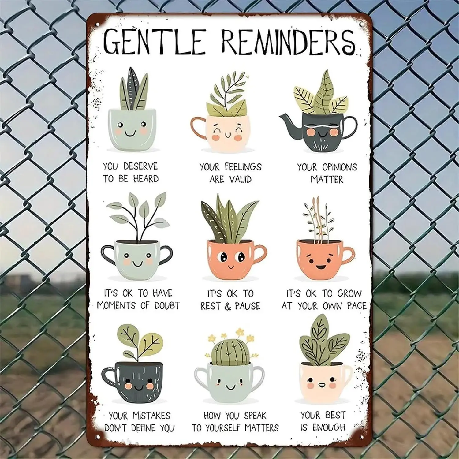 Gentle Reminders Plants Cups Rustic Aluminum Wall Art & Metal Tin Sign - in Vintage Indoor Outdoor Decor for Home, Office, C