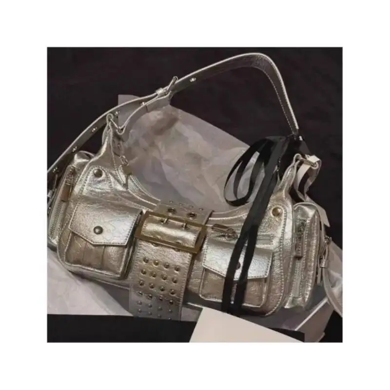 Bloom High Street Sier Y2k Shoulder Women Rivet Pocket Chic Casual Underarm Bag Hot Girls Moto Biker Crossbody Bags New