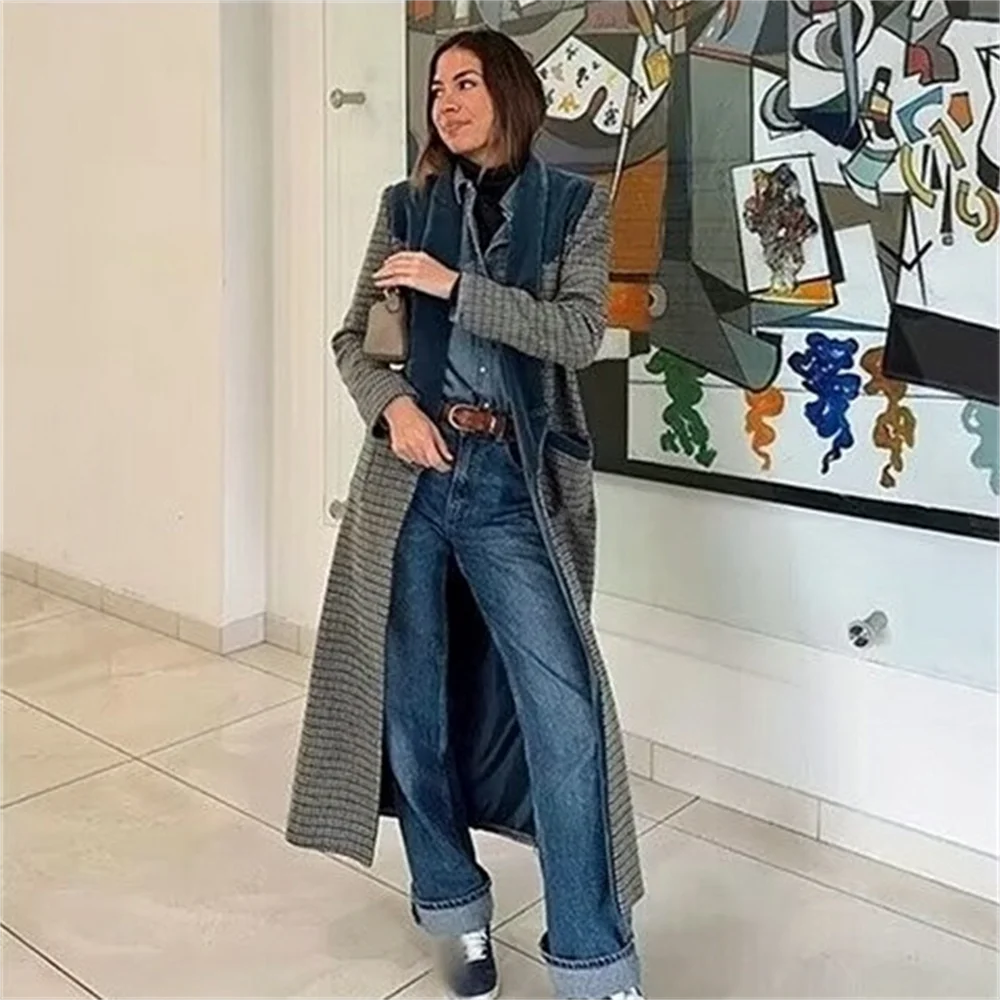 PB & ZA2024 autunno nuovo abbigliamento donna temperamento alla moda versatile lungo plaid splicing cappotto a maniche lunghe in lana