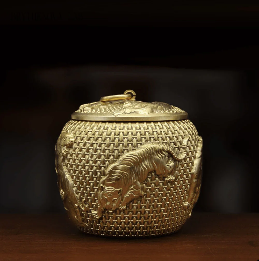 Brass Five Tigers Tea Can Home Storage Jar Exquisite Tea Relief Canister Copper Craft Table Ceremony Ornament