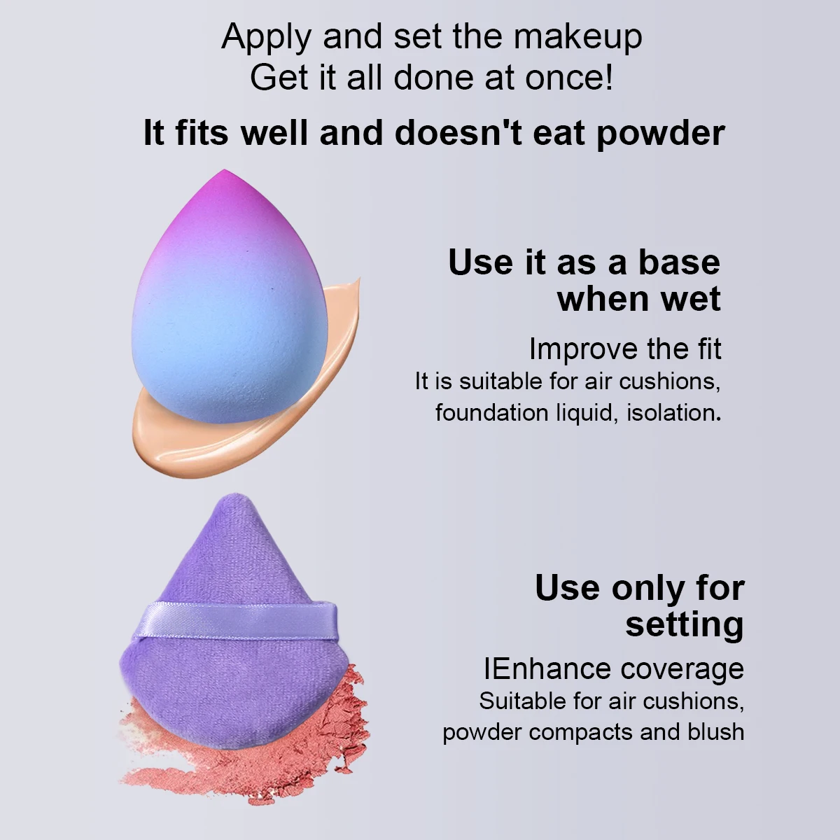 6 STKS Vergrote en verdikte poederdons & gradiënt spons ei & driehoekige poederdons/mini waterdruppel/Compacte poederdons