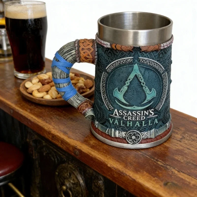 Gamer Collectible Beer Mug - Assassin Inspired Medieval Tankard, Stainless Steel & Resin Construction, Unique Gift Idea