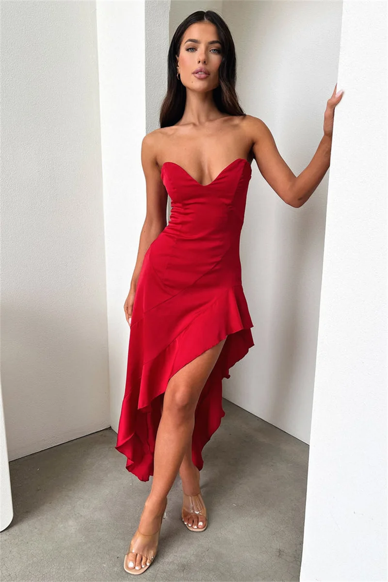 

Women Sweet Sexy Off Shoulders Party Dress Asymmetric Hem Ruffle Slit Long Prom Dresses Party Cocktail Special Occasion Gown