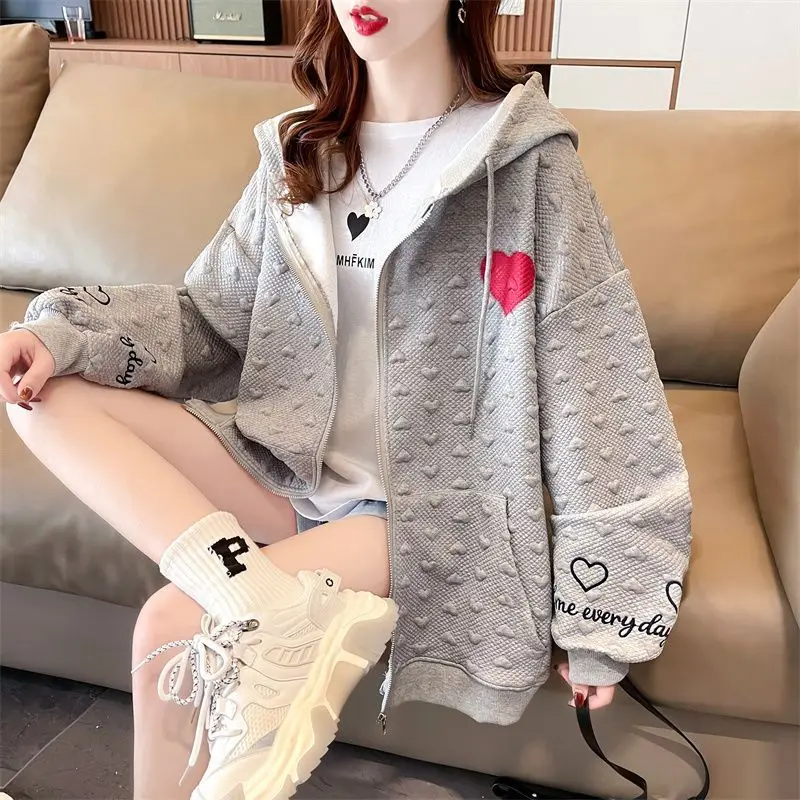 Trend Hoodies Coat Female Spring Autumn New Preppy Style Loose Zipper Printing Long Sleeve Sweatshirts Cardigan Women Clothing