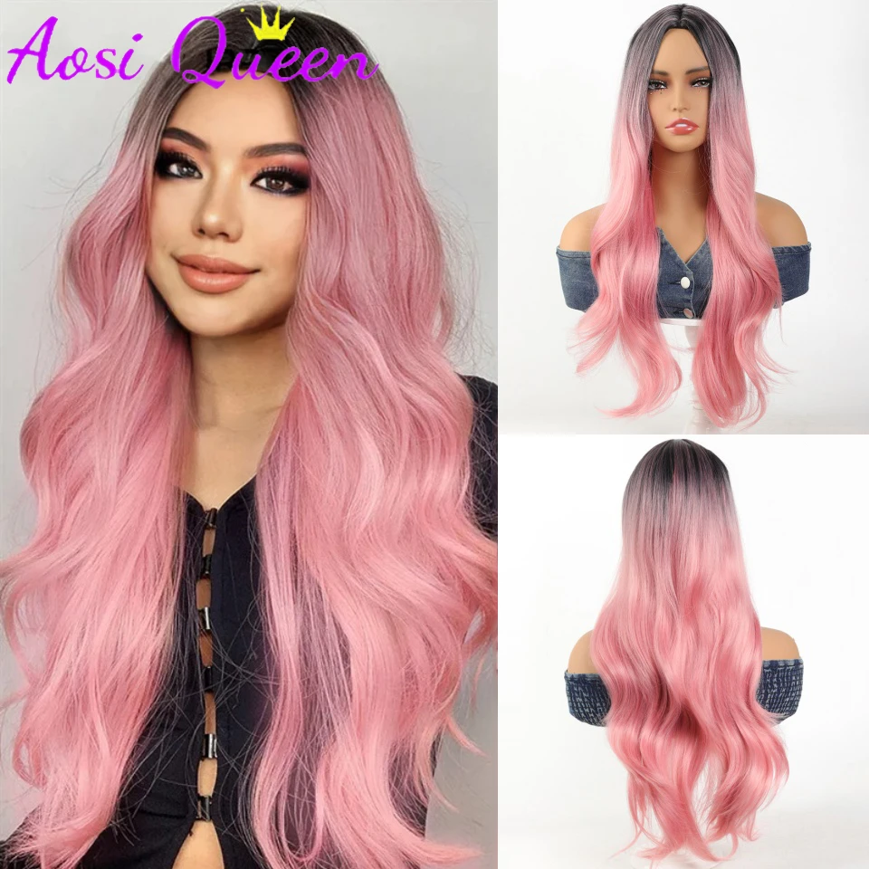 AosiQueen Pink Long Body Wavy Synthetic Wigs for Women Afro Natural Black Hair Wigs Middle Part Heat Resistant Fiber Daily Use