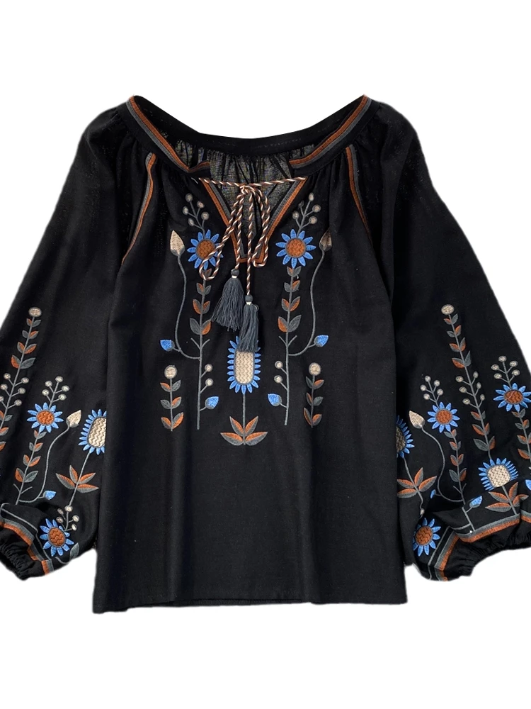 

Loose Cotton Linen Embroidered round Ne Pullover irt Women's Casual Top Spring Autumn Ethnic Sle Retro Artistic