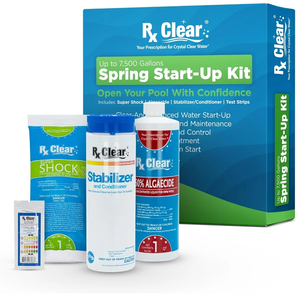 Rx Clear Spring Start Up Pool Chemical Kit For Opening Swimming Pool Up To 7500 Gallon Shock Algaecide Stabilizer Conditioner