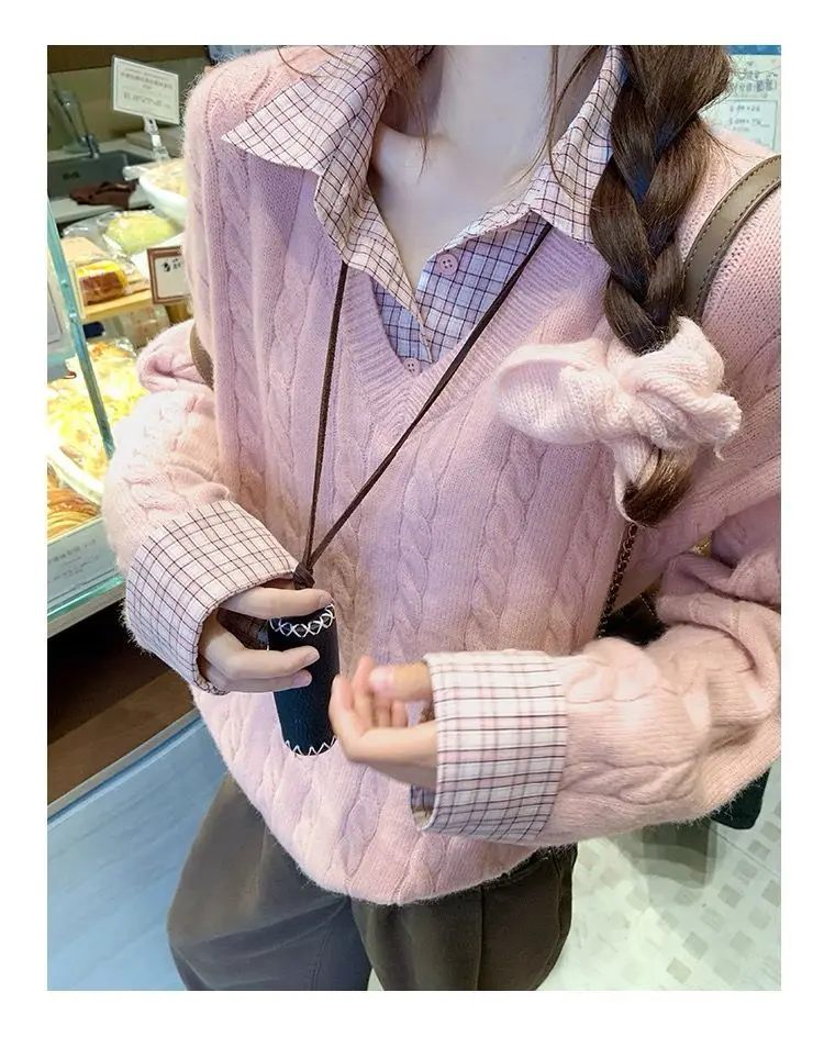 

Sweet Girls Thicken Winter Sweater Cute Plaid Trim Cable Knit Sweater for Women, Preppy Pink Oversized Layered Collar Top
