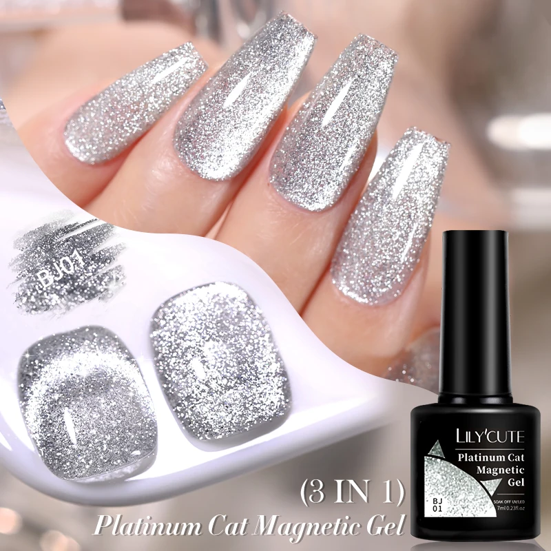 LILYCUTE 7 مللي البلاتين القط المغناطيسي هلام طلاء الأظافر تألق ارتفع الذهب رقائق بريق شبه دائم UV جل مسمار الفن مانيكير #3