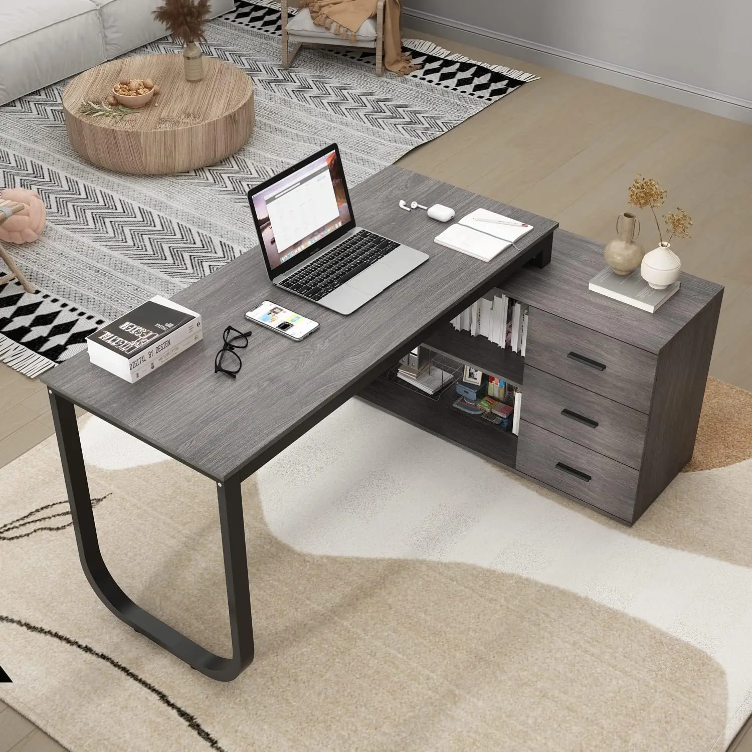 

Home Office Computer Desk Corner Desk with 3 Drawers and 2 Shelves 55 Inch Large L-Shaped Study Writing Table