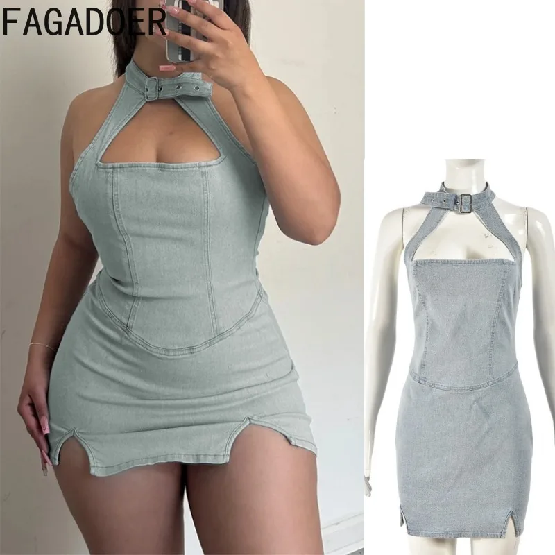 

FAGADOER Fashion Hollow Out Denim Bodycon Mini Dress Women Halter Sleeveless Backless Dresses Female Streetwear Vestidos 2025