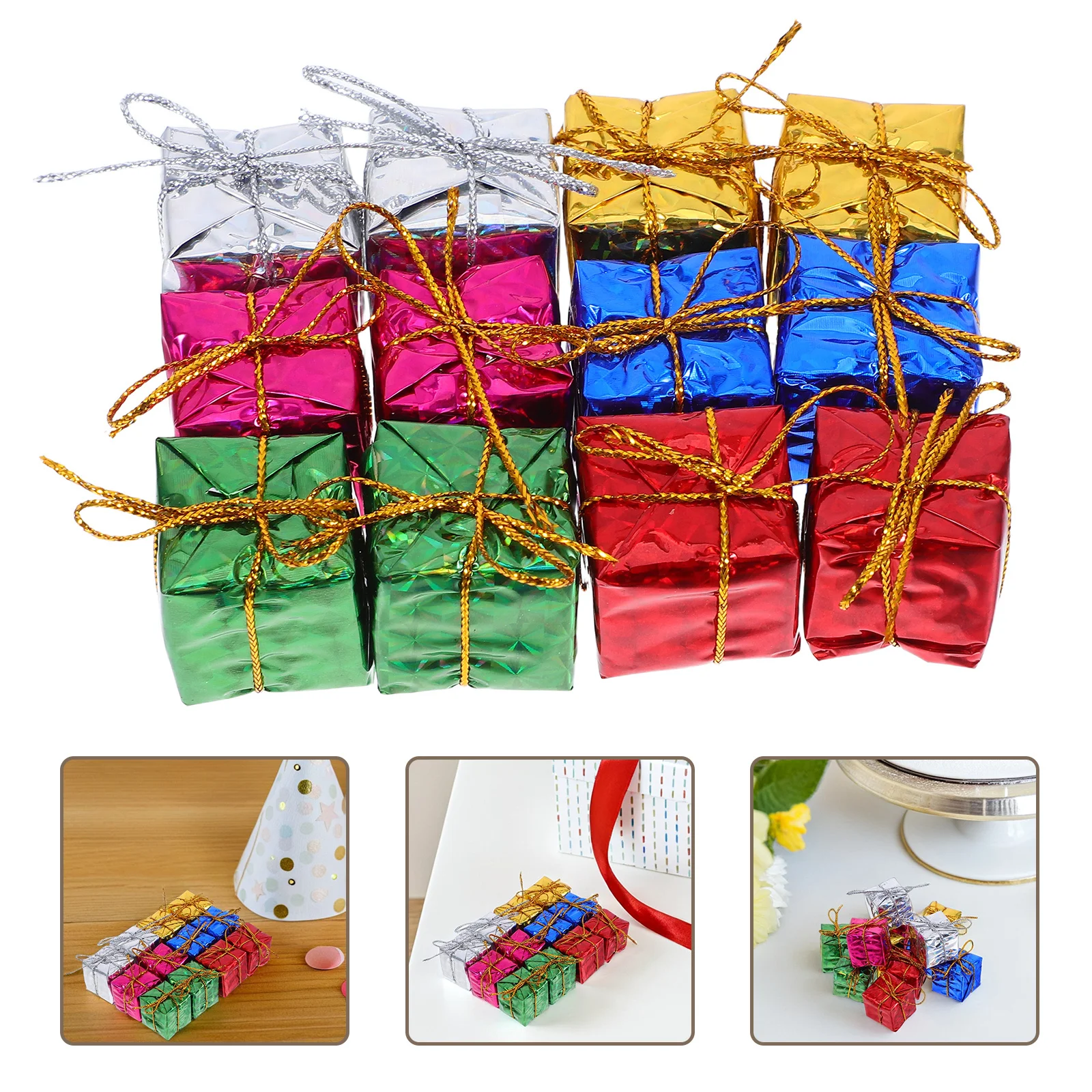 

36Pcs Christmas Mini Gift Box Ornaments Foil Wrapped Tiny Present Decorations Hanging for Tree Table Party Supplies
