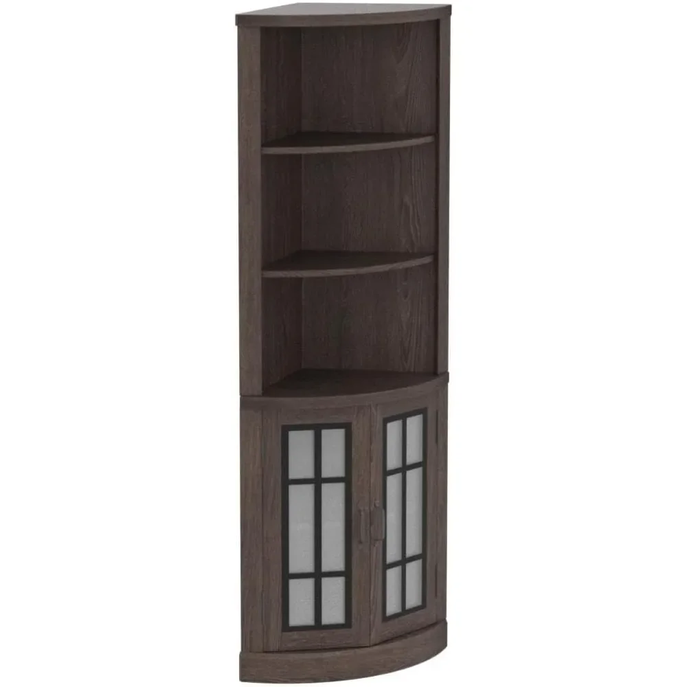 

65" high freestanding bookcase with glass doors and adjustable shelves, 5-shelf corner display case