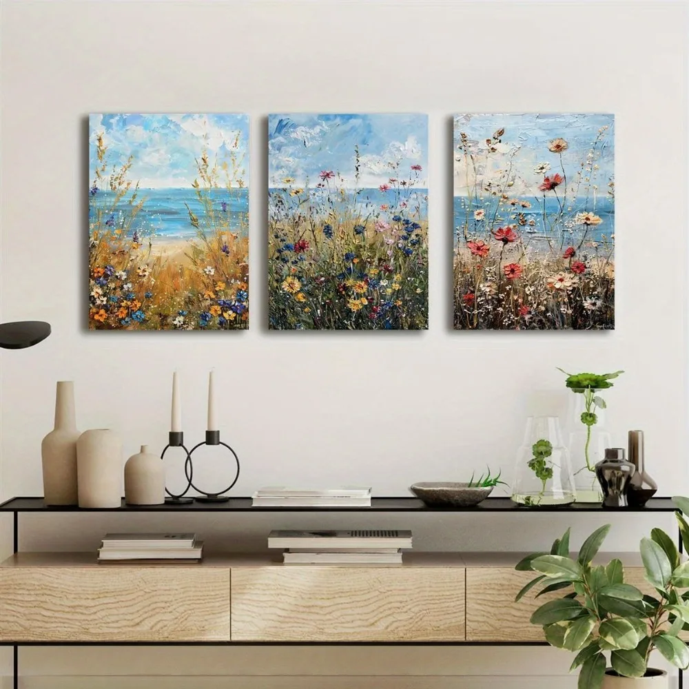 

3pcs Canvas Wood Framed Poster Printed Painting, Coast wildflowers, ocean beach, vintage seascape oil painting, floral plants