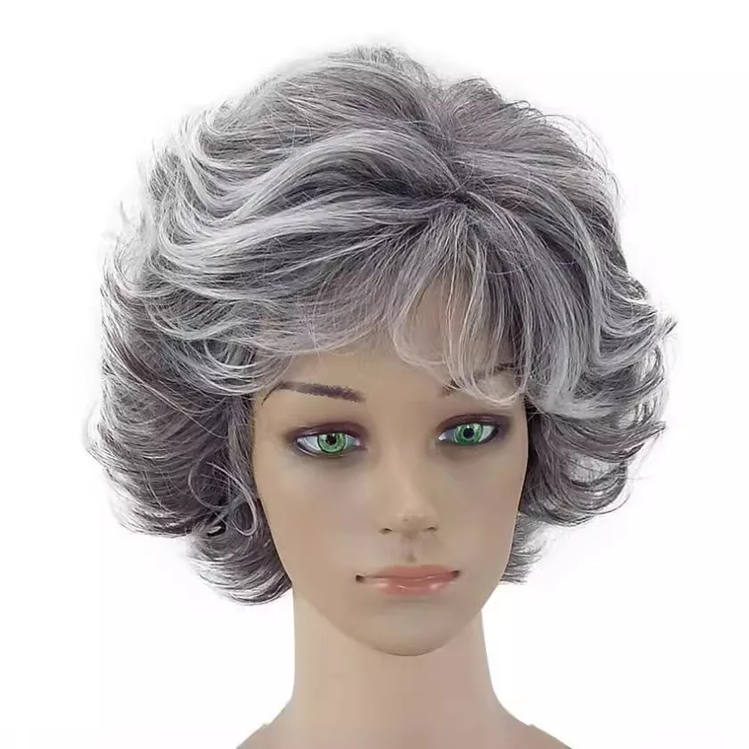 

New Women's Short Curly Hair Fluffy Grey and White Gradient Inverted Wig Christmas Dress Up Wig