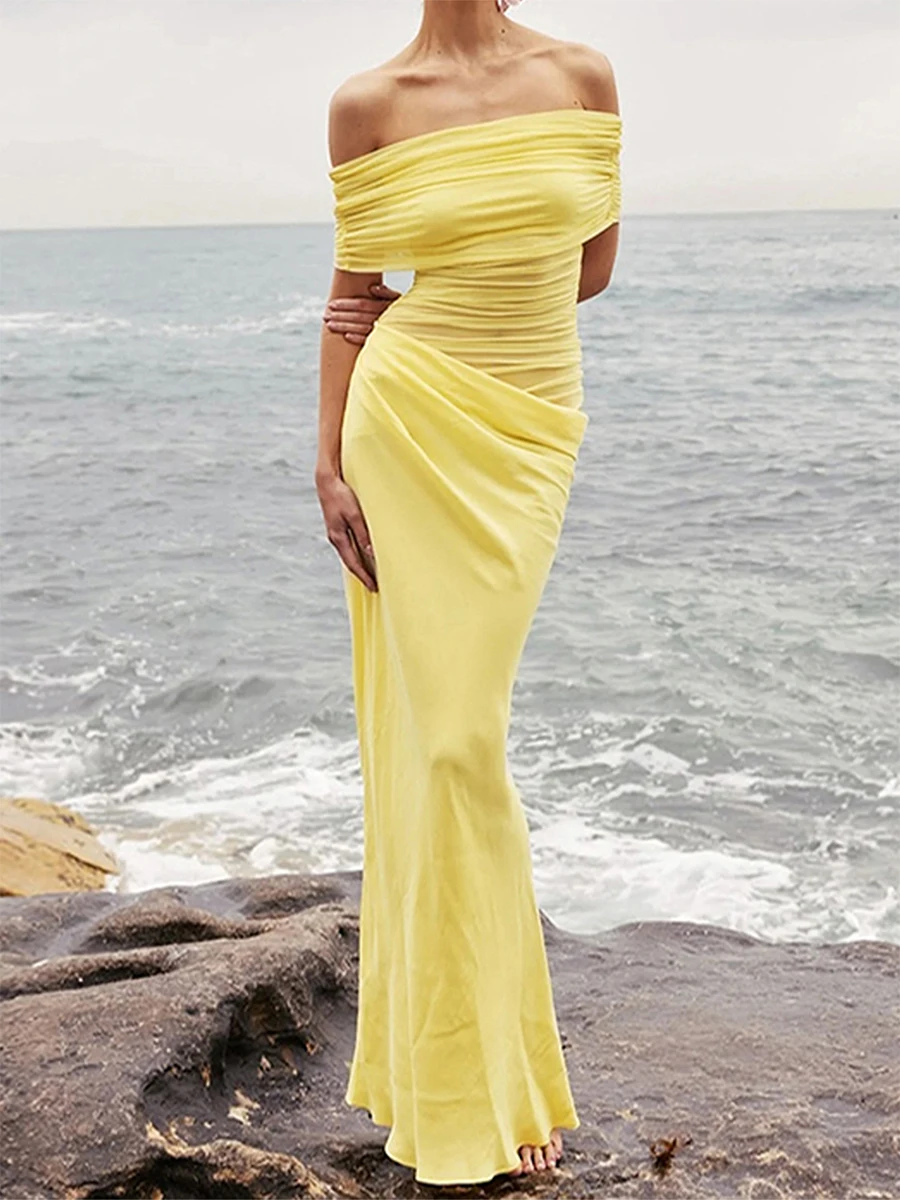 

GuliriFei Women Long Dress Solid Color Boat Neck Off Shoulder Dress Summer Fashion Bodycon Dress