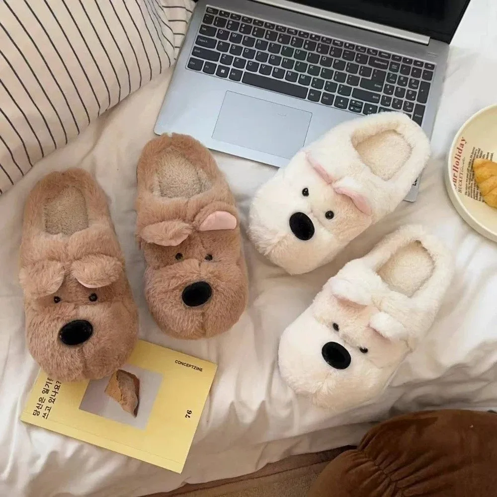 

Fluffy Winter Puppy Plush Slippers Cartoon Thick Soled Warm Fur Slippers West Highlands Dog Anti Slip Y2K Dog Slippers Home