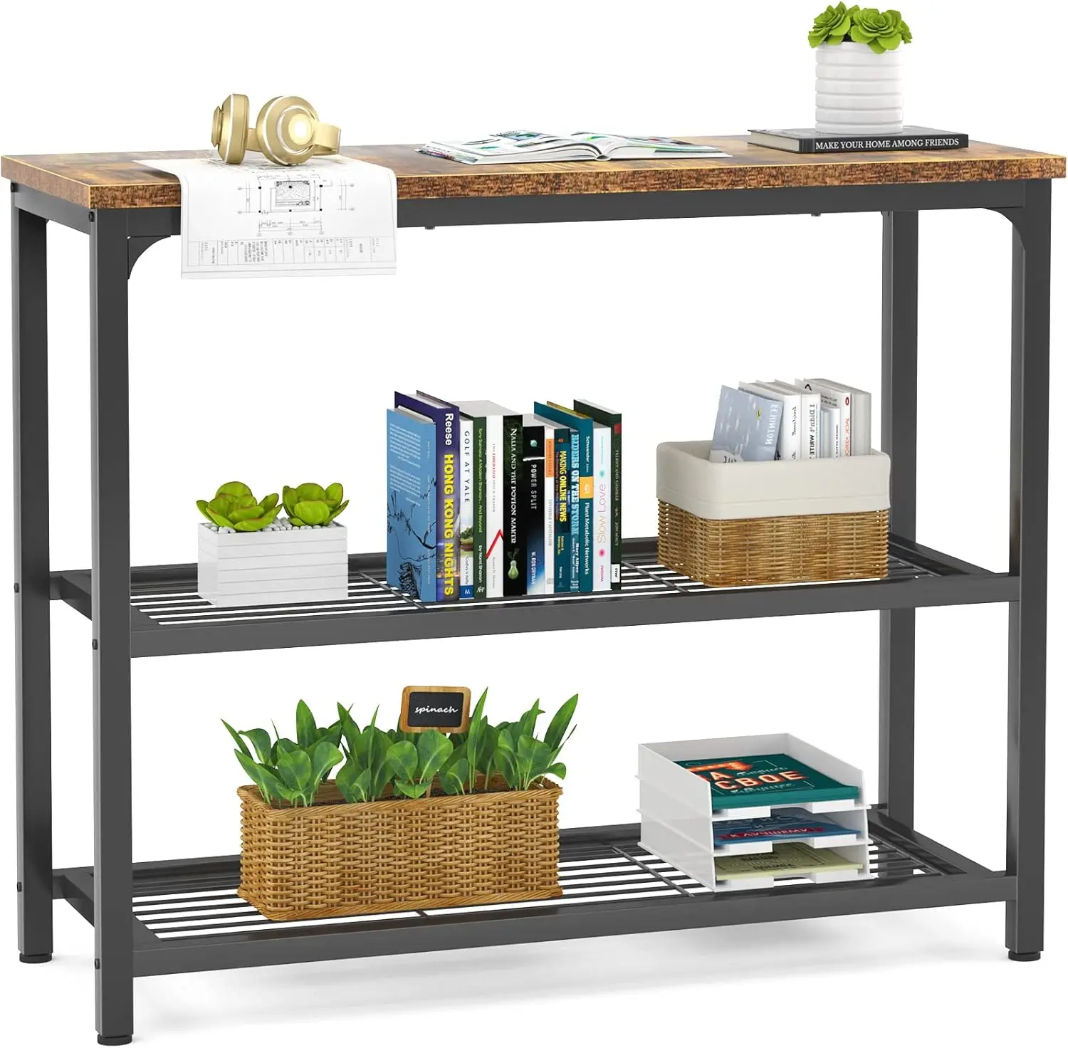 Industrial Console Table with Double Mesh Shelves, Rustic Sofa Table for Entryway Living Room, 32 Inch