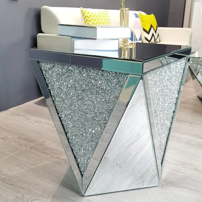 Mirror furniture, silver coffee table with broken diamonds, living room
