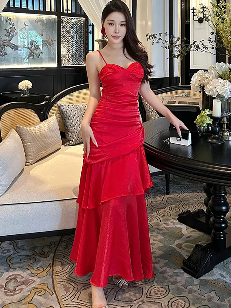 

Women Red Satin Patchwork Ruffled Long Dress Summer Elegant V-Neck Sling Dress for Wedding 2026 Korean Chic Quinceanera Dresses