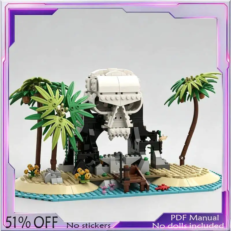 593PCS Tropical Skull Cave Island Scene Model Custom MOC Building Blocks DIY Creative Assembly Toy Display Stand Desktop Decor