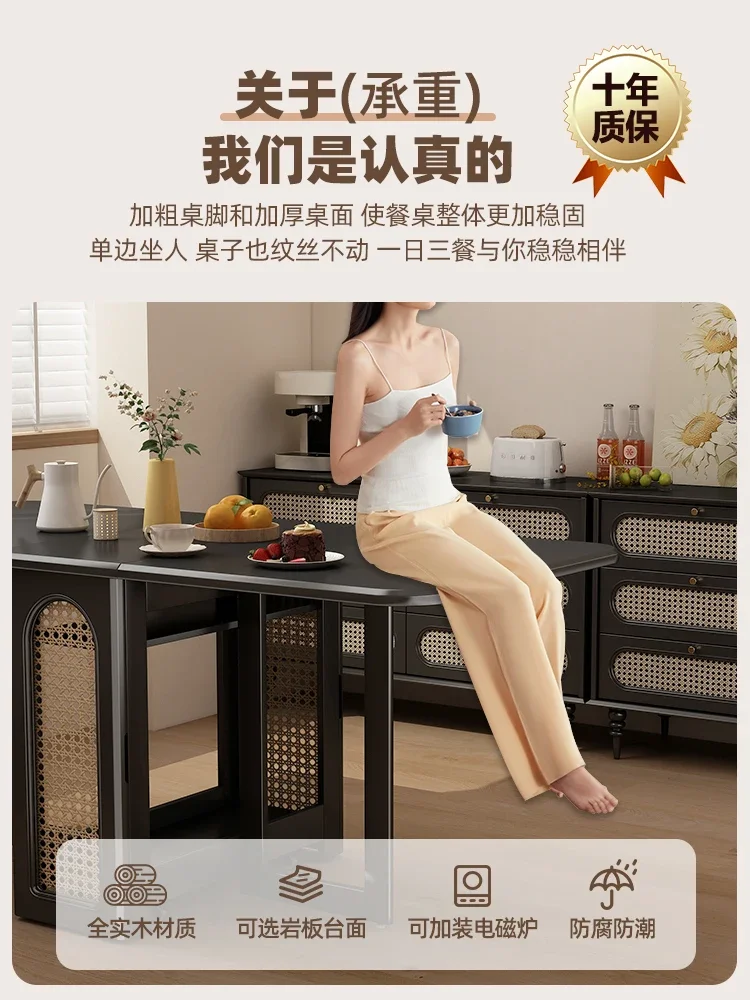 Retro 1.4 meters dining table black solid wood space saving multi-function invisible foldable